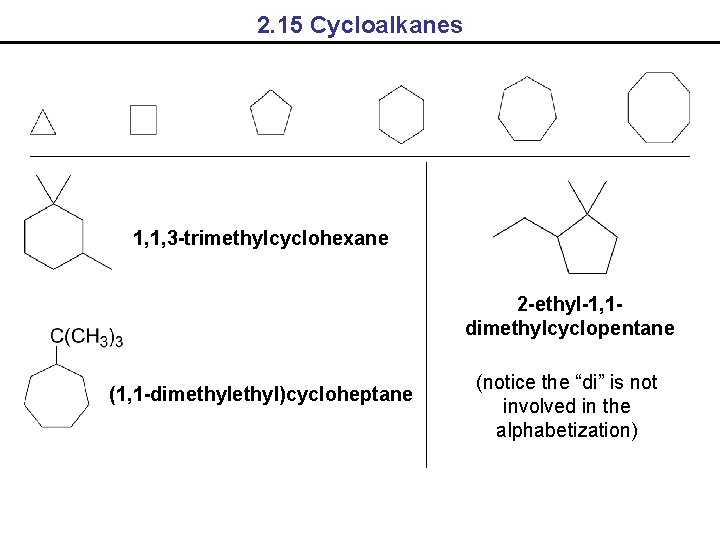 2. 15 Cycloalkanes 1, 1, 3 -trimethylcyclohexane 2 -ethyl-1, 1 dimethylcyclopentane (1, 1 -dimethyl)cycloheptane