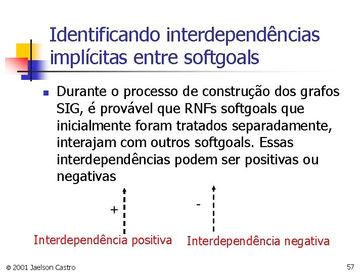 Identificando interdependências implícitas entre softgoals n Durante o processo de construção dos grafos SIG,