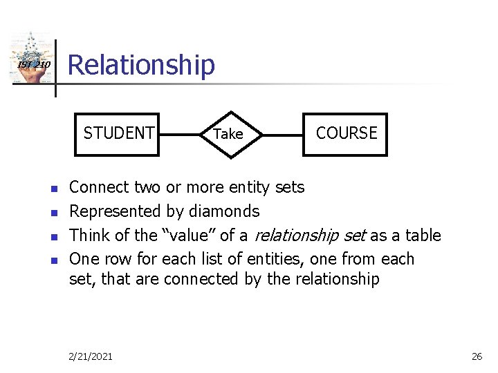 Relationship IST 210 STUDENT n n Take COURSE Connect two or more entity sets