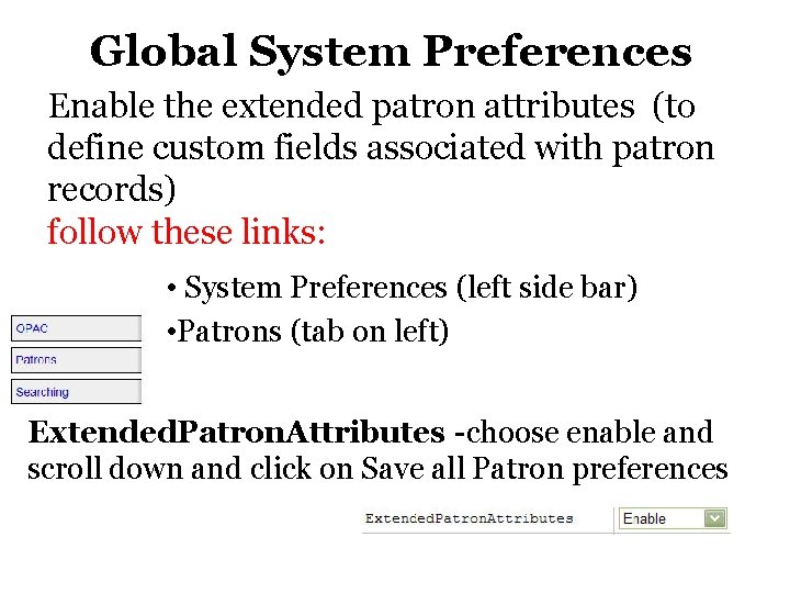 Global System Preferences Enable the extended patron attributes (to define custom fields associated with