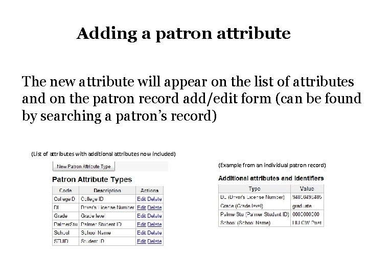 Adding a patron attribute The new attribute will appear on the list of attributes