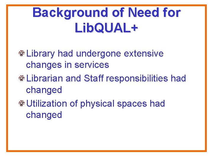 Background of Need for Lib. QUAL+ Library had undergone extensive changes in services Librarian