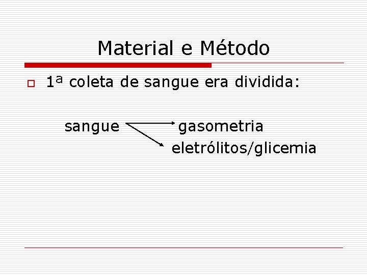 Material e Método o 1ª coleta de sangue era dividida: sangue gasometria eletrólitos/glicemia 