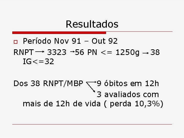 Resultados Período Nov 91 – Out 92 RNPT 3323 56 PN <= 1250 g