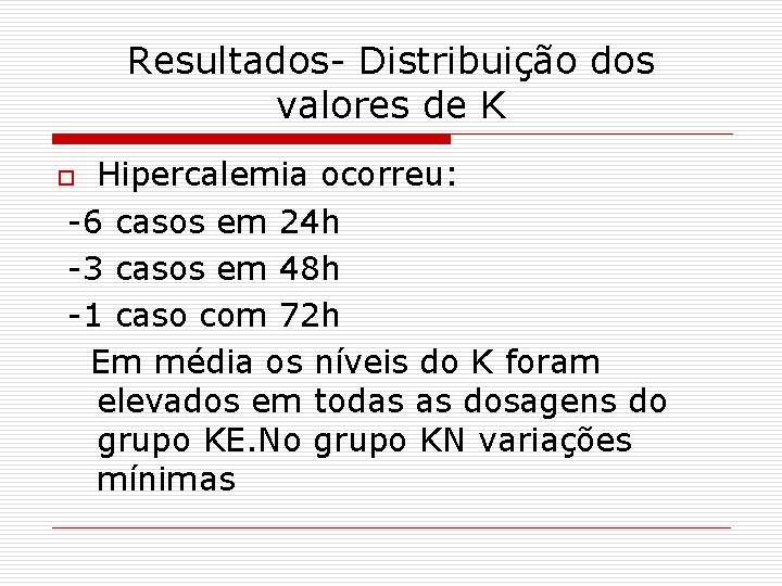 Resultados- Distribuição dos valores de K Hipercalemia ocorreu: -6 casos em 24 h -3