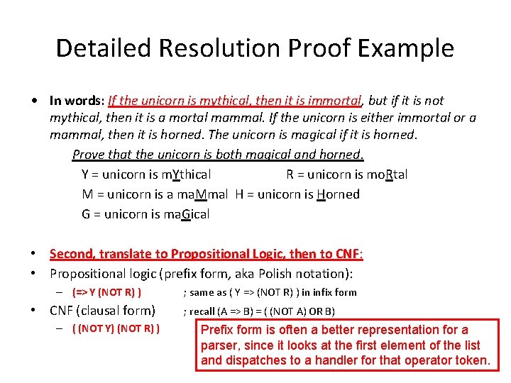 Detailed Resolution Proof Example • In words: If the unicorn is mythical, then it