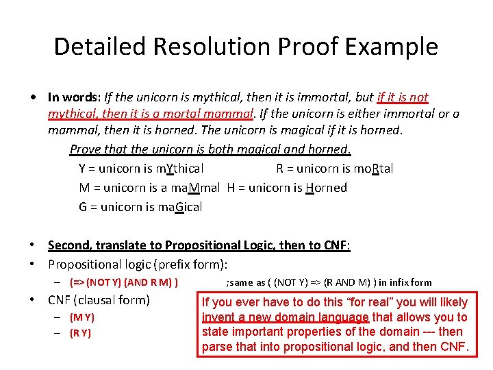 Detailed Resolution Proof Example • In words: If the unicorn is mythical, then it