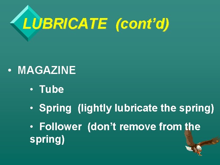 LUBRICATE (cont’d) • MAGAZINE • Tube • Spring (lightly lubricate the spring) • Follower