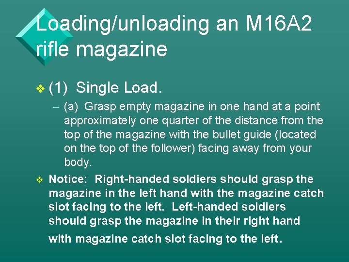 Loading/unloading an M 16 A 2 rifle magazine v (1) Single Load. – (a)