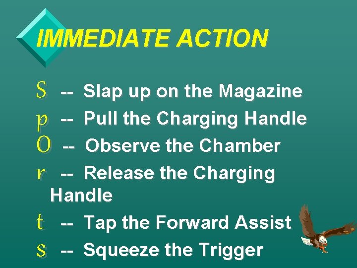 IMMEDIATE ACTION S -- Slap up on the Magazine p -- Pull the Charging