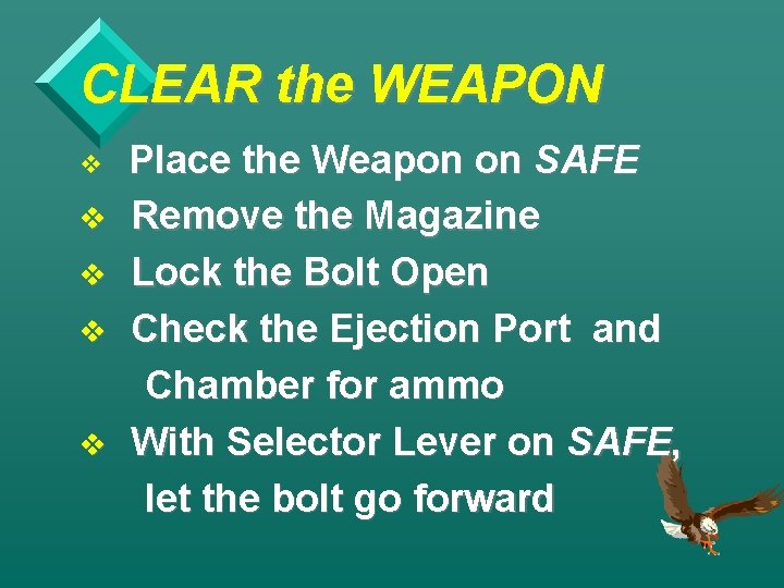 CLEAR the WEAPON v v v Place the Weapon on SAFE Remove the Magazine