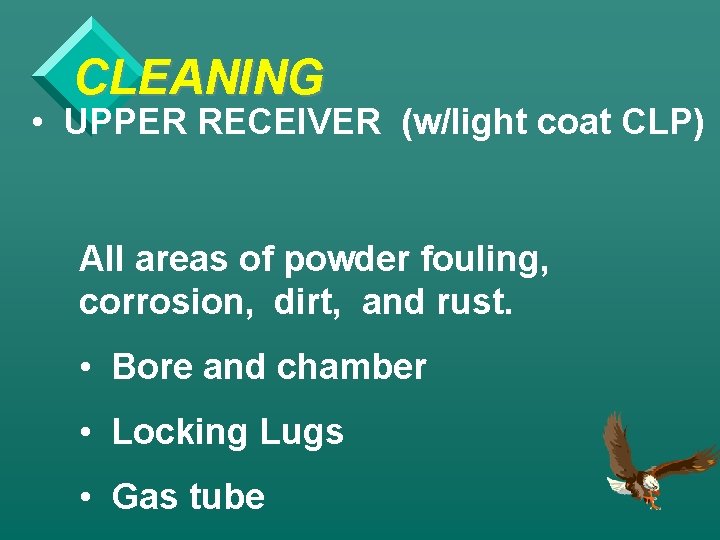 CLEANING • UPPER RECEIVER (w/light coat CLP) All areas of powder fouling, corrosion, dirt,