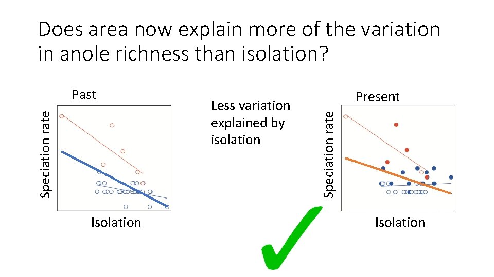 Does area now explain more of the variation in anole richness than isolation? Isolation