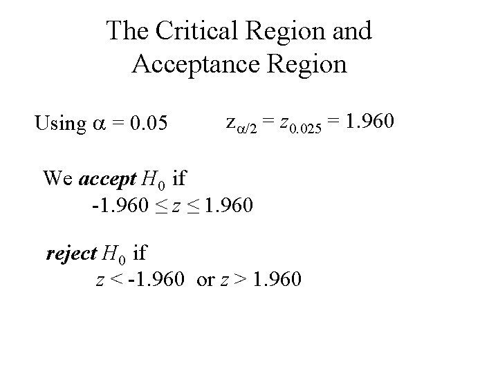 The Critical Region and Acceptance Region Using a = 0. 05 za/2 = z