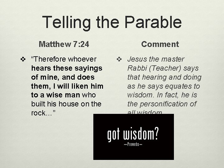 Telling the Parable Matthew 7: 24 v “Therefore whoever hears these sayings of mine,