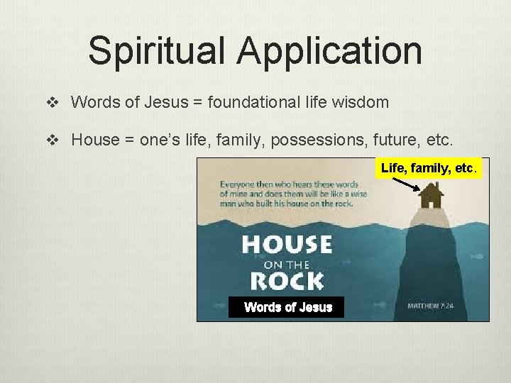 Spiritual Application v Words of Jesus = foundational life wisdom v House = one’s