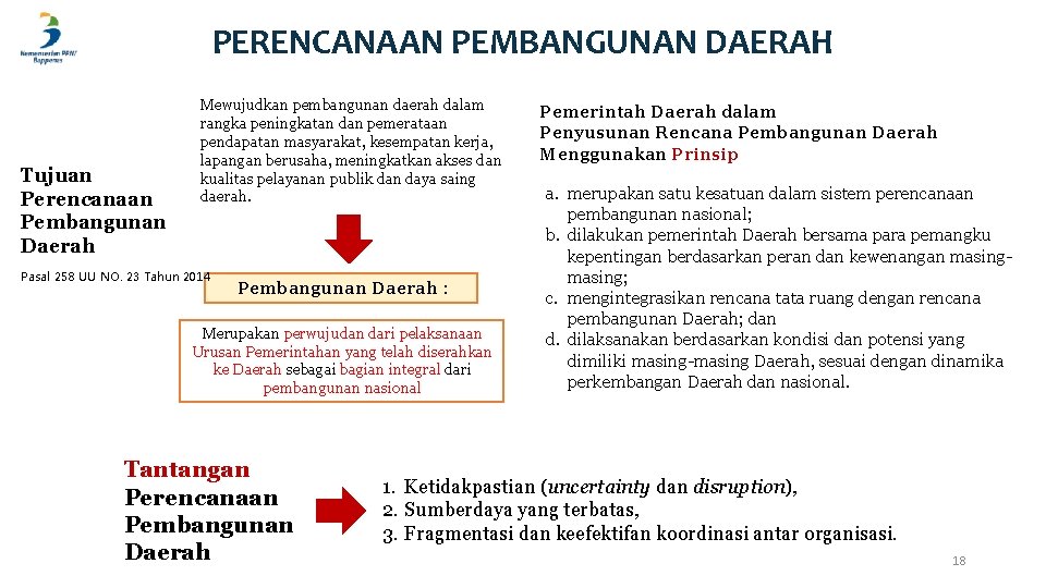 PERENCANAAN PEMBANGUNAN DAERAH Tujuan Perencanaan Pembangunan Daerah Mewujudkan pembangunan daerah dalam rangka peningkatan dan