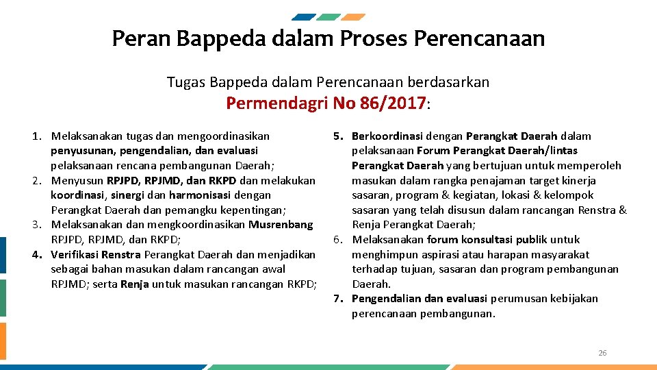 Peran Bappeda dalam Proses Perencanaan Tugas Bappeda dalam Perencanaan berdasarkan Permendagri No 86/2017: 1.