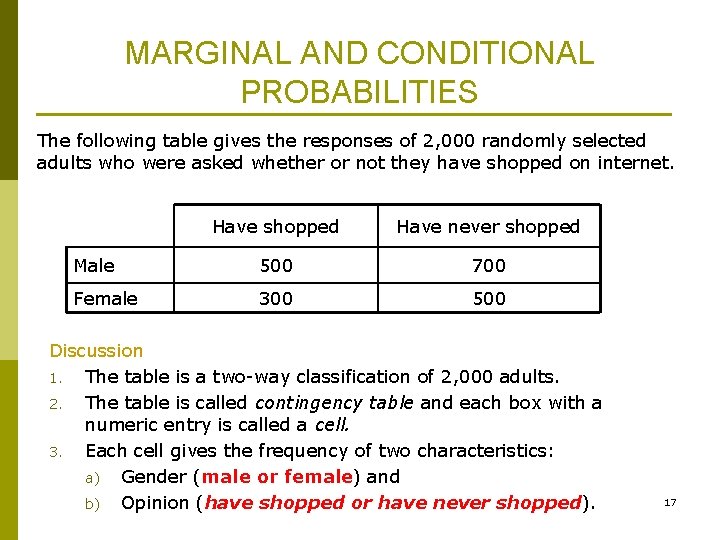 MARGINAL AND CONDITIONAL PROBABILITIES The following table gives the responses of 2, 000 randomly