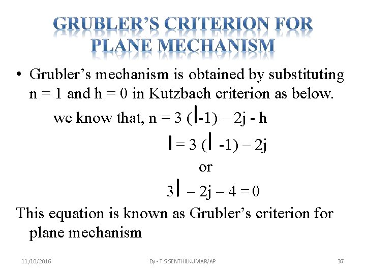  • Grubler’s mechanism is obtained by substituting n = 1 and h =