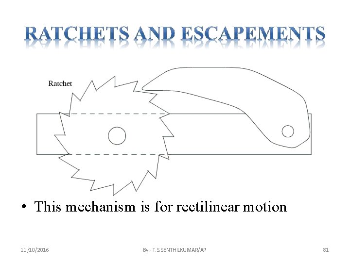  • This mechanism is for rectilinear motion 11/10/2016 By - T. S. SENTHILKUMAR/AP