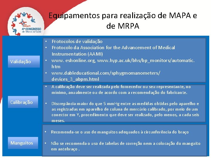 Equipamentos para realização de MAPA e de MRPA Validação Calibração Manguitos • Protocolos de