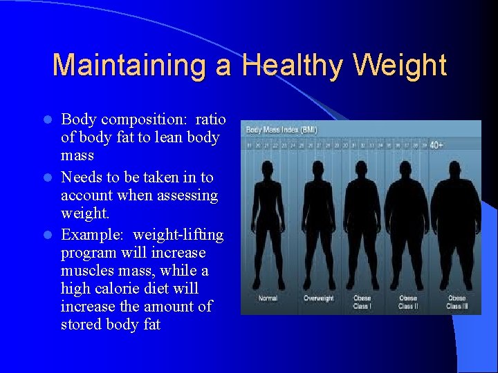 Maintaining a Healthy Weight Body composition: ratio of body fat to lean body mass