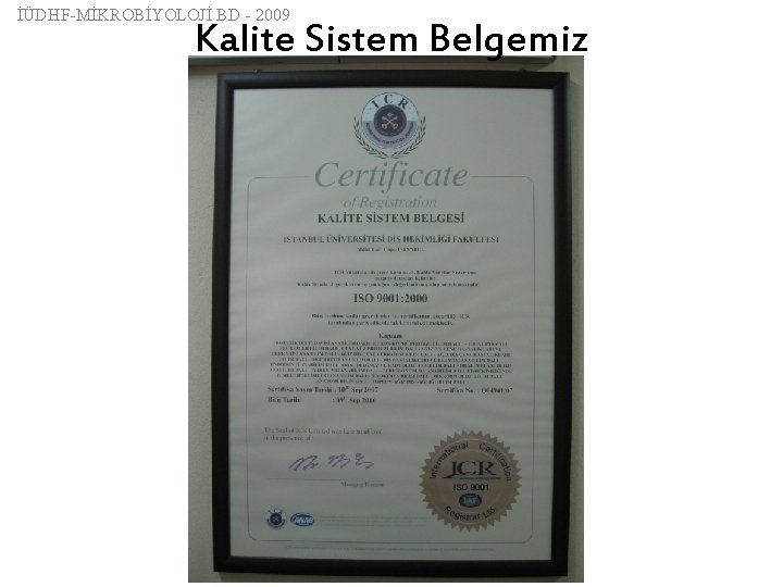 İÜDHF-MİKROBİYOLOJİ BD - 2009 Kalite Sistem Belgemiz 