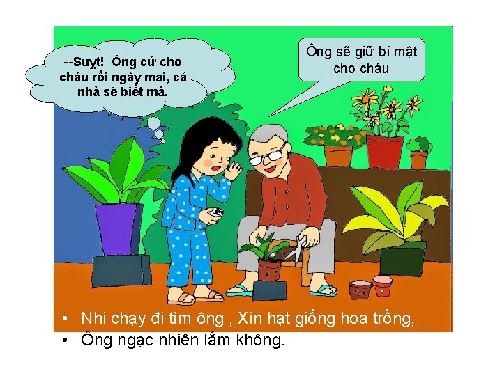 --Suỵt! Ông cứ cho cháu rồi ngày mai, cả nhà sẽ biết mà. Ông