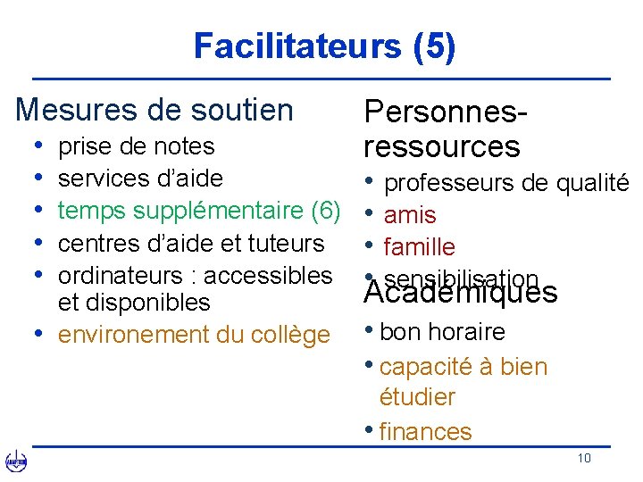 Facilitateurs (5) Mesures de soutien • • • prise de notes services d’aide temps