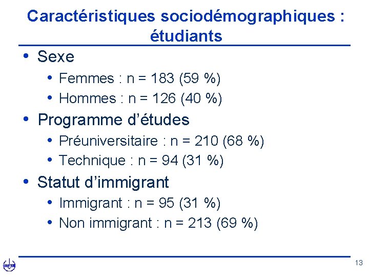 Caractéristiques sociodémographiques : étudiants • Sexe • Femmes : n = 183 (59 %)