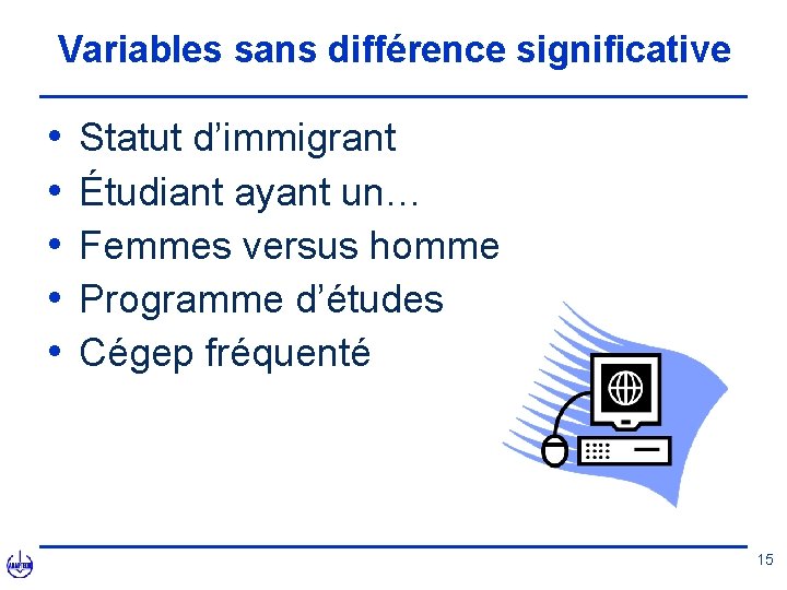 Variables sans différence significative • • • Statut d’immigrant Étudiant ayant un… Femmes versus