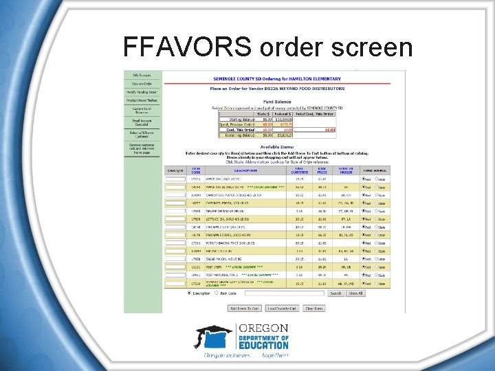 FFAVORS order screen 