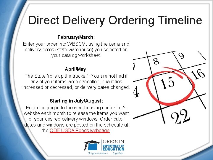 Direct Delivery Ordering Timeline February/March: Enter your order into WBSCM, using the items and