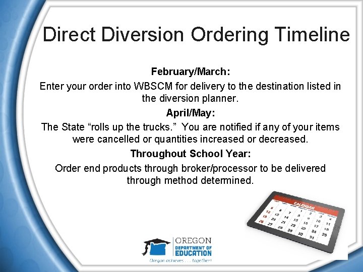 Direct Diversion Ordering Timeline February/March: Enter your order into WBSCM for delivery to the