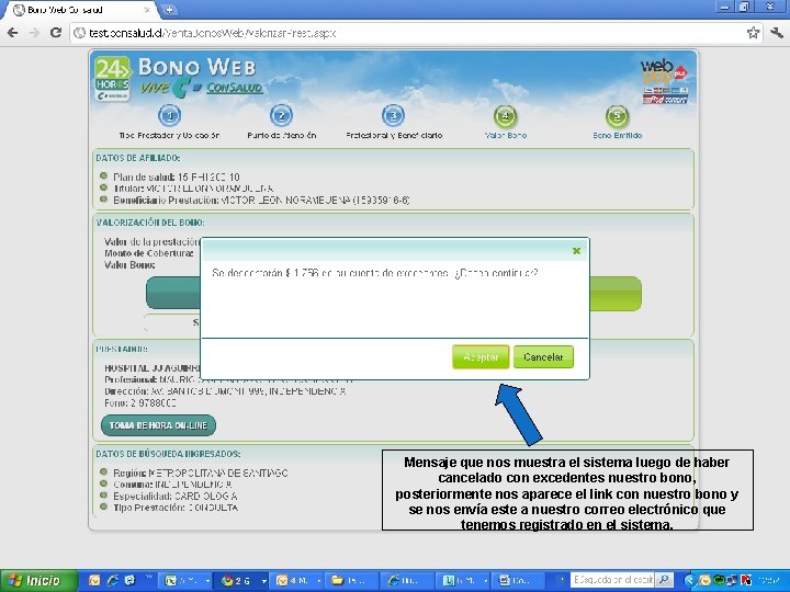 Mensaje que nos muestra el sistema luego de haber cancelado con excedentes nuestro bono,