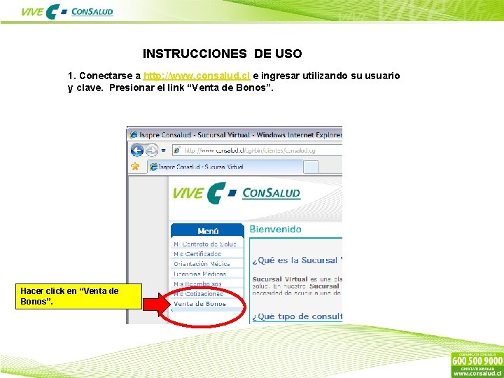 INSTRUCCIONES DE USO 1. Conectarse a http: //www. consalud. cl e ingresar utilizando su