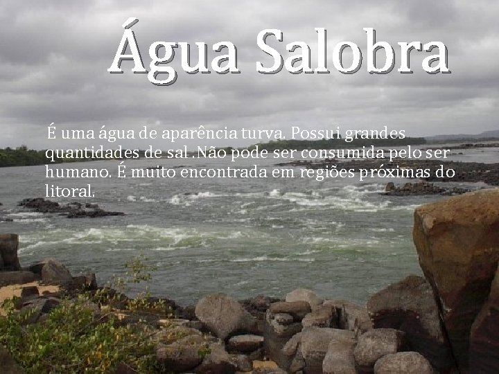Água Salobra É uma água de aparência turva. Possui grandes quantidades de sal. Não