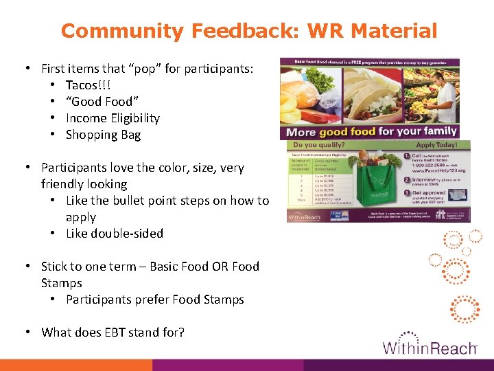 Community Feedback: WR Material • First items that “pop” for participants: • Tacos!!! •