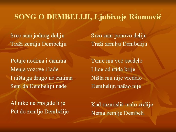 SONG O DEMBELIJI, Ljubivoje Ršumović Sreo sam jednog deliju Traži zemlju Dembeliju Sreo sam