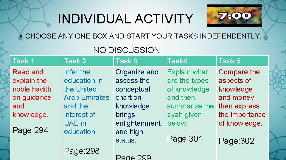 INDIVIDUAL ACTIVITY • CHOOSE ANY ONE BOX AND START YOUR TASKS INDEPENDENTLY. NO DISCUSSION