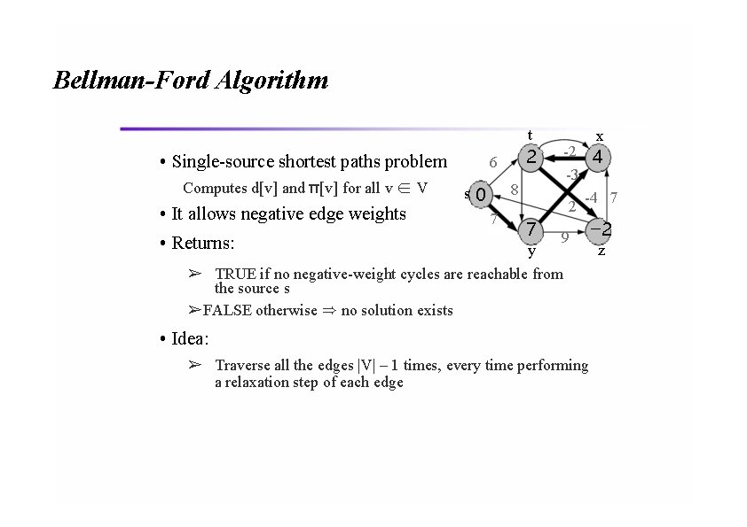 Bellman-Ford Algorithm t • Single-source shortest paths problem Computes d[v] and π[v] for all