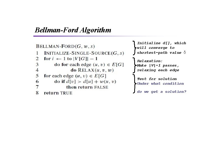 Bellman-Ford Algorithm Initialize d[], which will converge to shortest-path value δ Relaxation: Make |V|-1