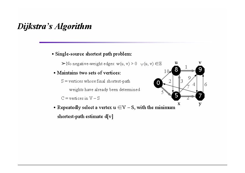 Dijkstra’s Algorithm • Single-source shortest path problem: ➢No negative-weight edges: w(u, v) > 0 Dijkstra’s Algorithm • Single-source shortest path problem: ➢No negative-weight edges: w(u, v) > 0