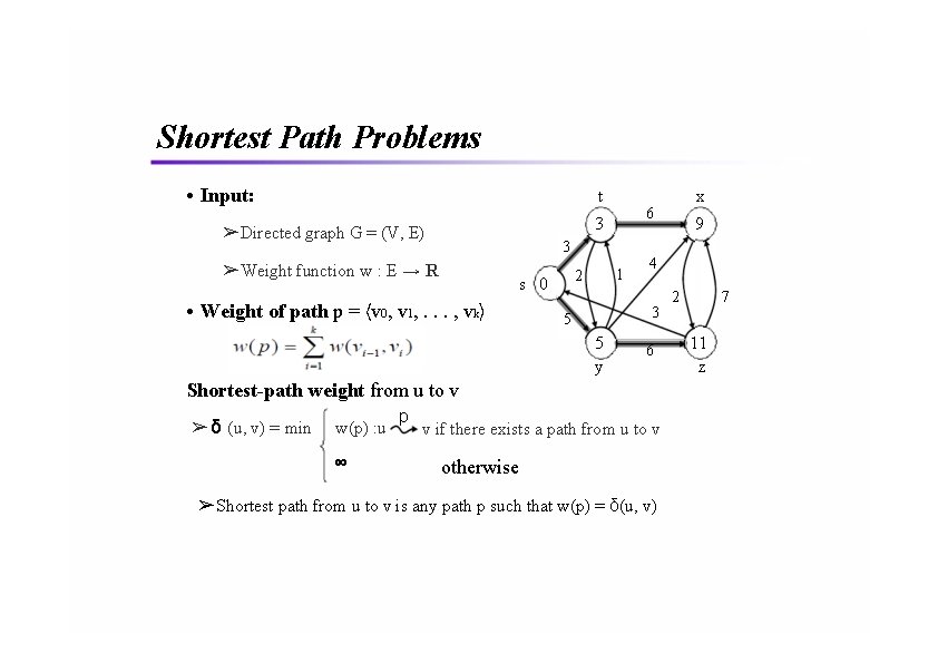 Shortest Path Problems • Input: t 3 ➢Directed graph G = (V, E) 3