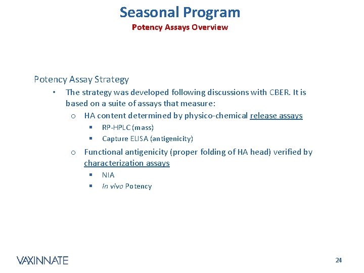 Seasonal Program Potency Assays Overview Potency Assay Strategy • The strategy was developed following