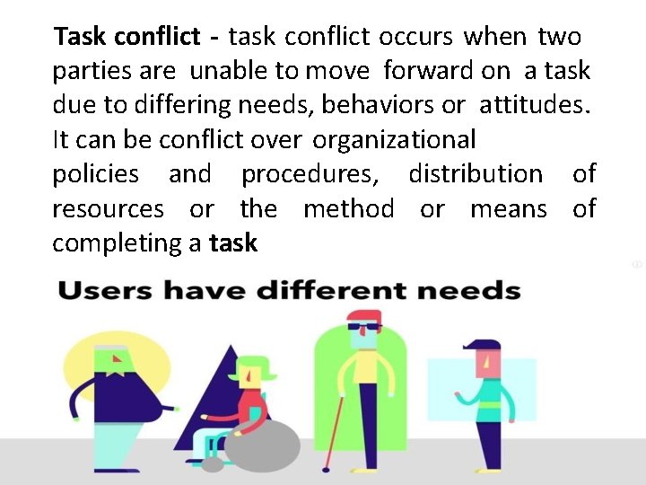 Task conflict - task conflict occurs when two parties are unable to move forward