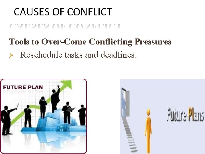 CAUSES OF CONFLICT Tools to Over-Come Conflicting Pressures Reschedule tasks and deadlines. 