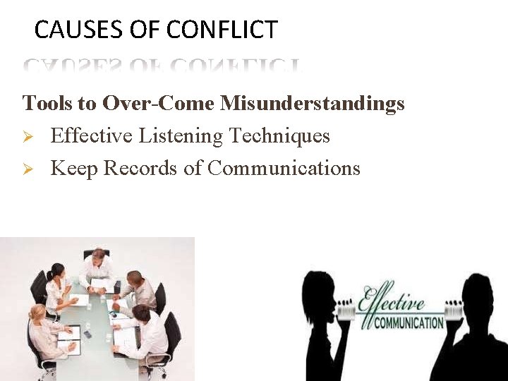 CAUSES OF CONFLICT Tools to Over-Come Misunderstandings Effective Listening Techniques Keep Records of Communications