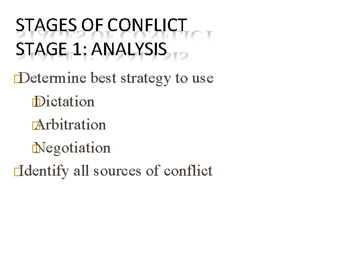 STAGES OF CONFLICT STAGE 1: ANALYSIS �Determine best strategy to use � Dictation �